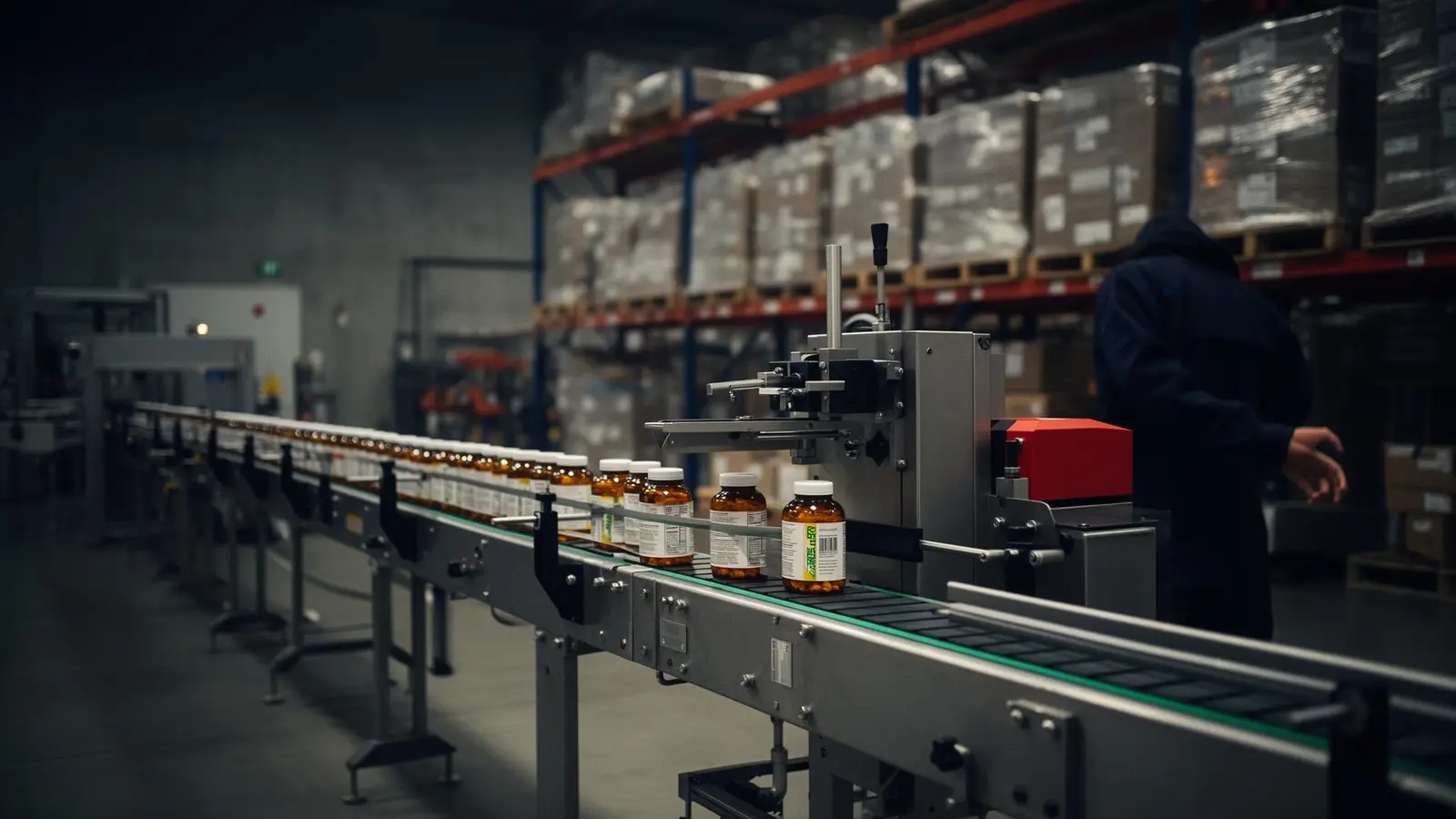Industrial labeling machine applying labels to amber supplement bottles on a stainless steel conveyor
