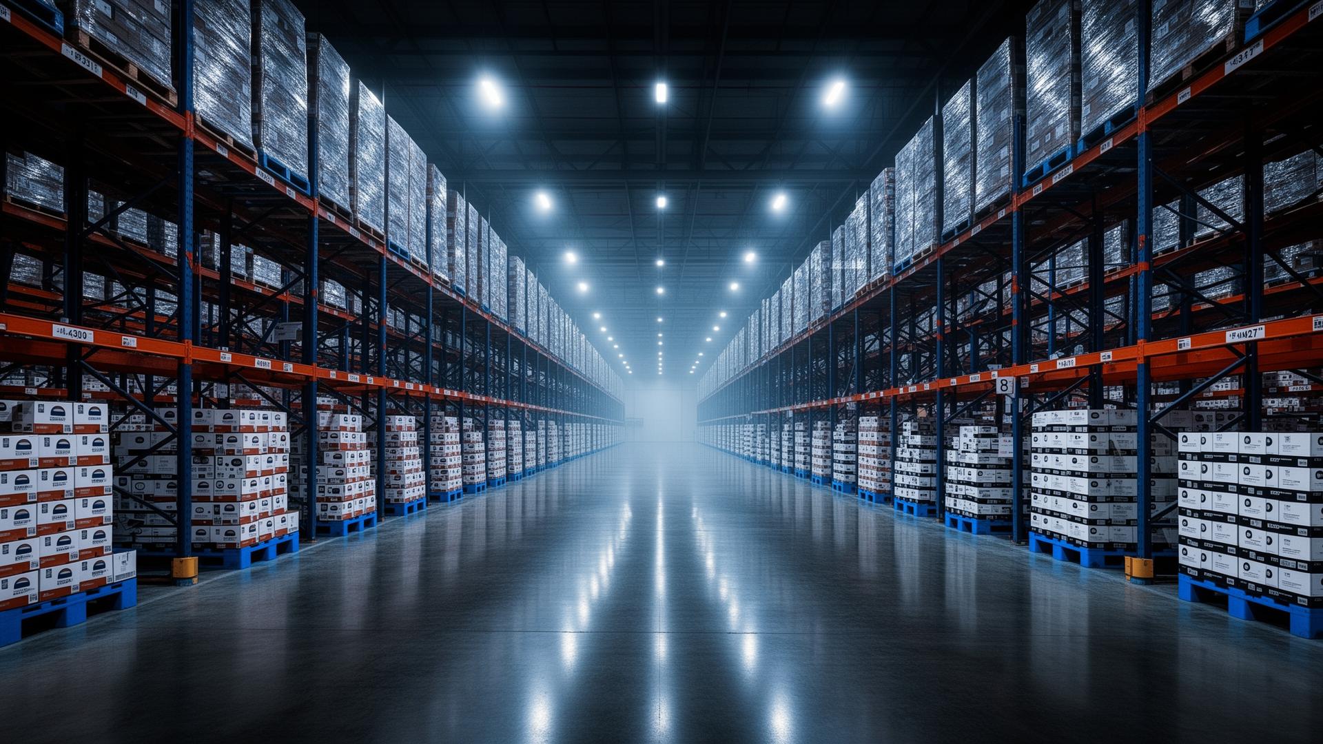 Pallets of finished product staged in a fulfillment warehouse
